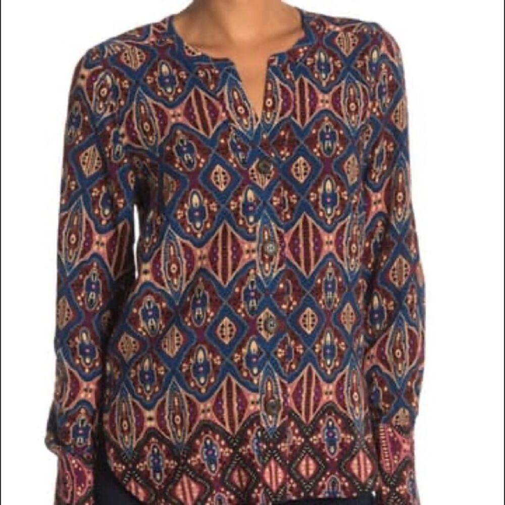 DR2 NEW Wine Patterned Long Sleeve Blouse Extra Small XS Top Shirt Casual Career